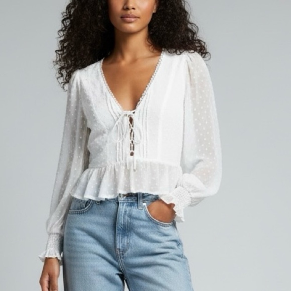 Hello Molly All That I Need Lace Up Peplum Blouse in Sheer White Size L NWT